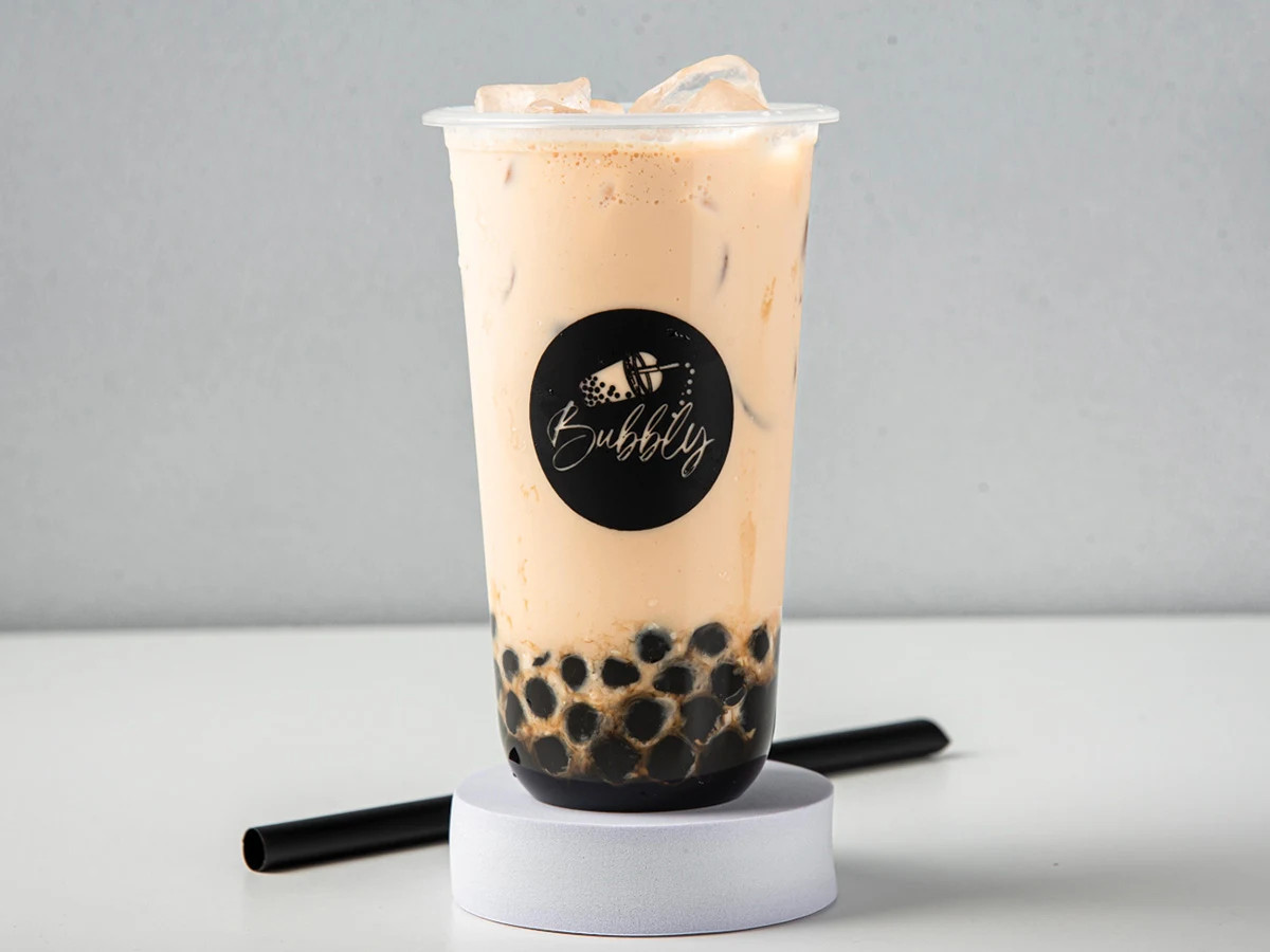 Classic milk tea with black pearls in a Bubbly Boba cup