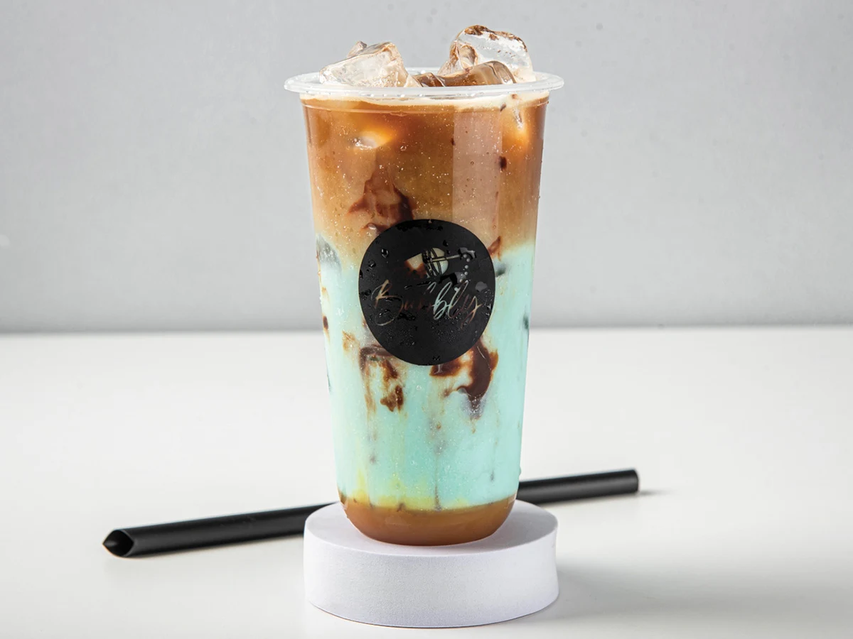 Iced latte in a Bubbly Boba cup