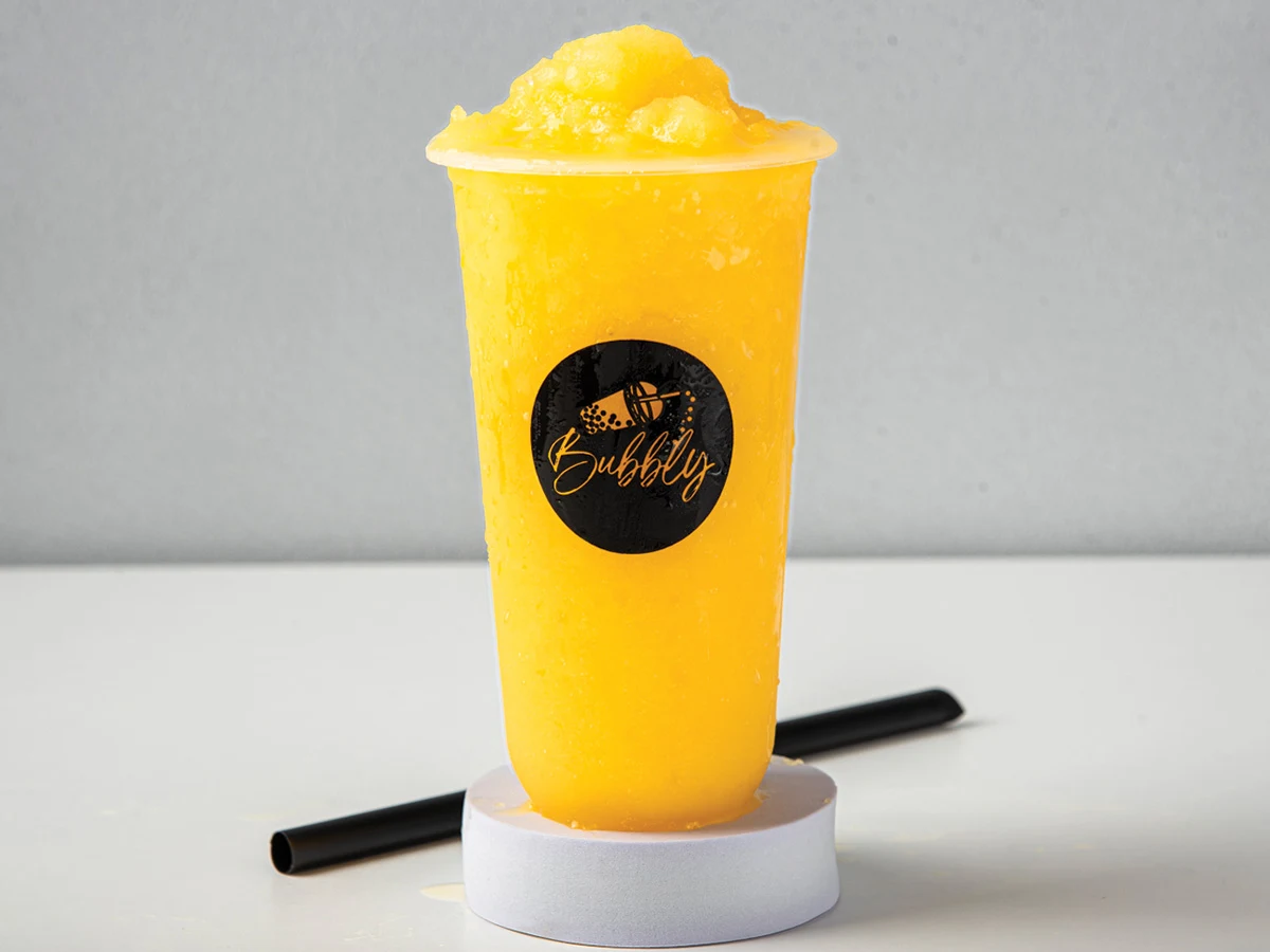 Mango slush in a Bubbly Boba cup