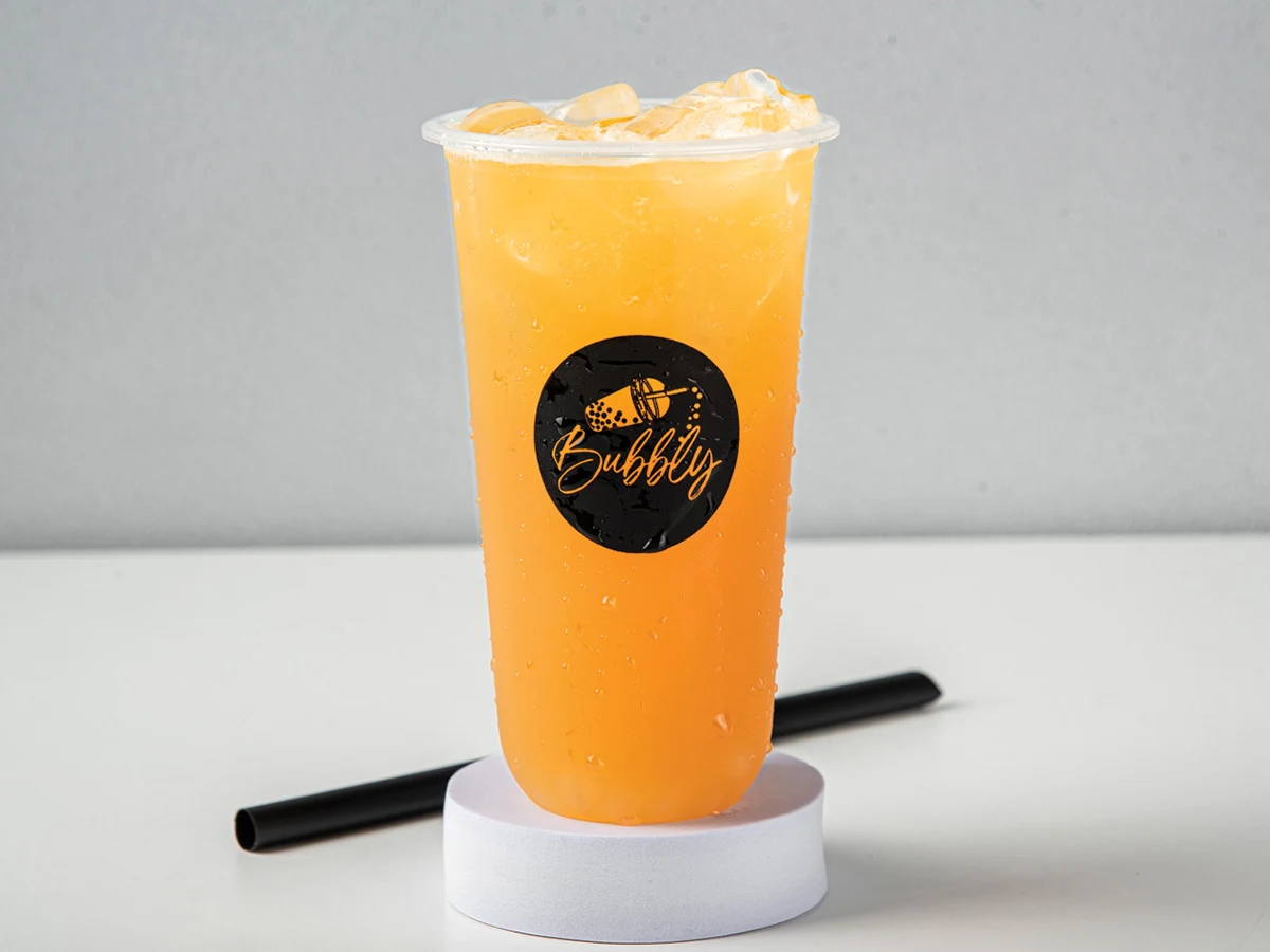 Peach and lychee fruit tea photographed for Bubbly Boba