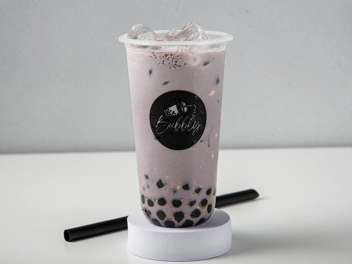 Taro milk tea with pearls made by Bubbly Boba
